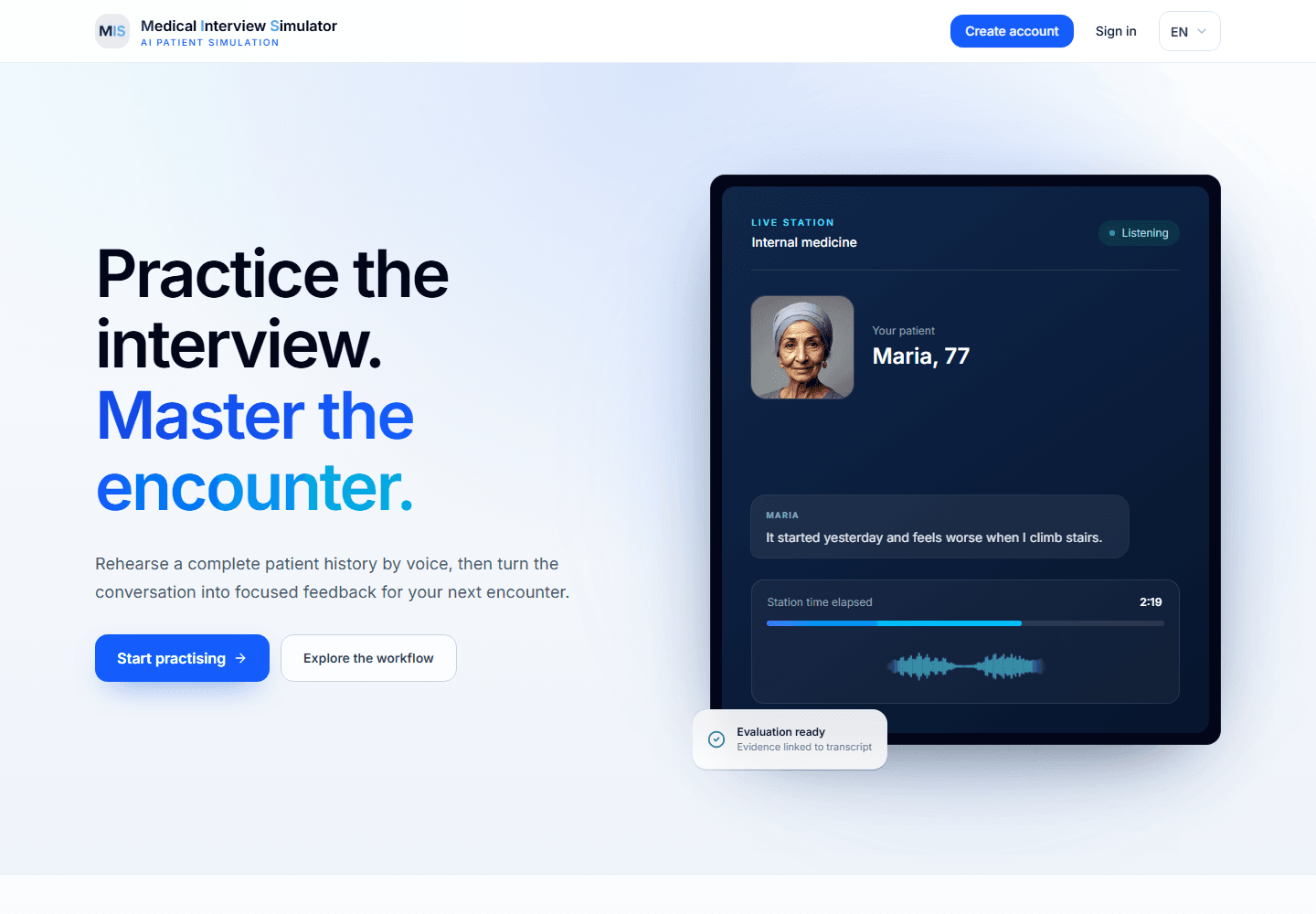 Screenshot der Website: Medical Interview Simulator